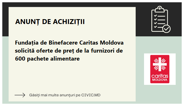 Fundația de Binefacere Caritas Moldova solicită oferte de preț de la furnizori de 600 pachete alimentare